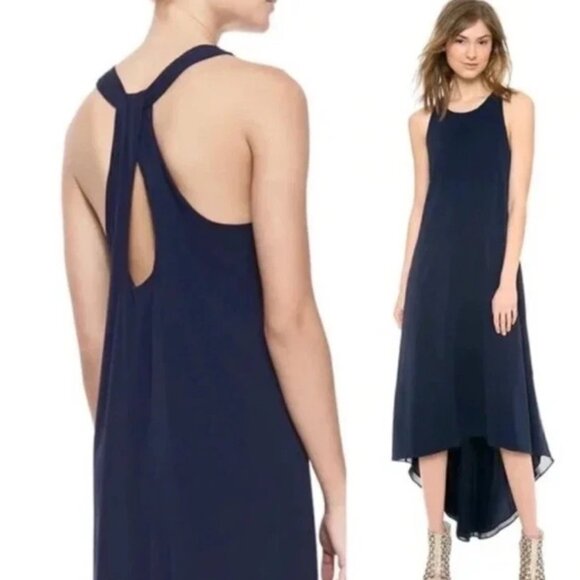 Alice + Olivia Dress Women’s SP Maxi Navy Silk Keyhole Knot Back High Low Drapey - Picture 2 of 10
